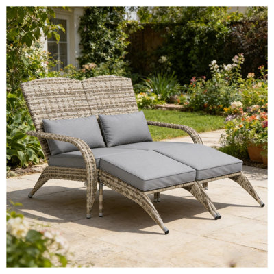 Double chaise Adirondack d'extérieur avec repose-pieds - siège de jardin en osier gris et jaune pour deux