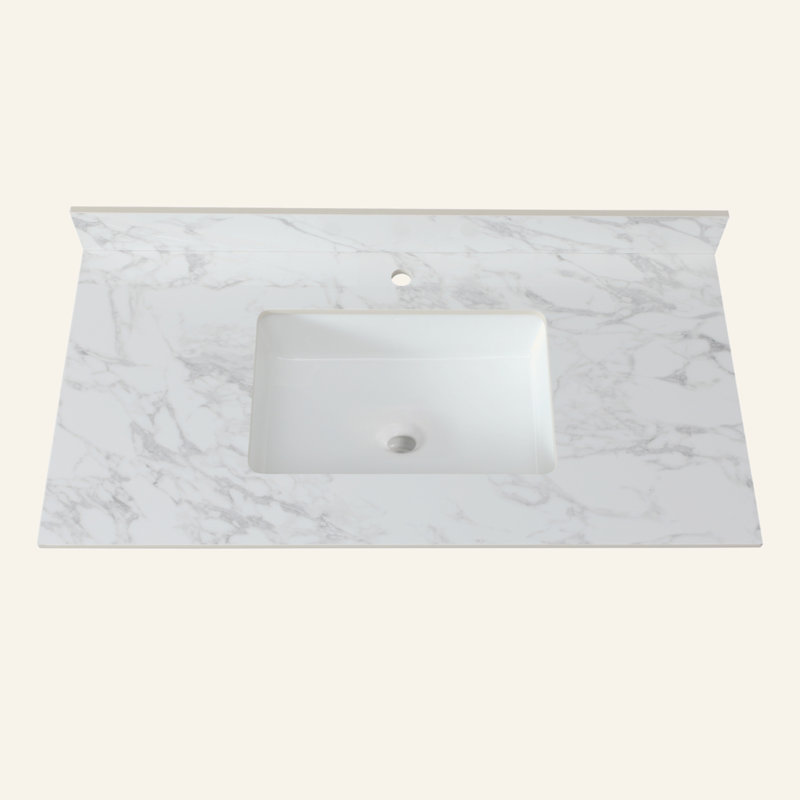 43"X22" Bathroom Vanity Top, Sintered Stone Carra White Barthroom Vanity Sink Tops with Rectangular Undermount Ceramic Sink with Vanity Backsplash, Single/Three Faucet Hole Bathroom Vanity Countertop