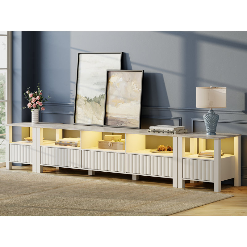 Meuble télé pour téléviseur de 85 po ou moins Carnetta, Blanc avec DEL jaune, H 19,7 po x l 105,2 po x P 15,6 po