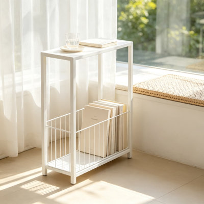 Narrow Side Table with Magazine Holder, Skinny End Table for Small Spaces, Space-Saving Design with Storage Shelf, Sturdy Metal Frame, Easy Assembly, Farmhouse Style