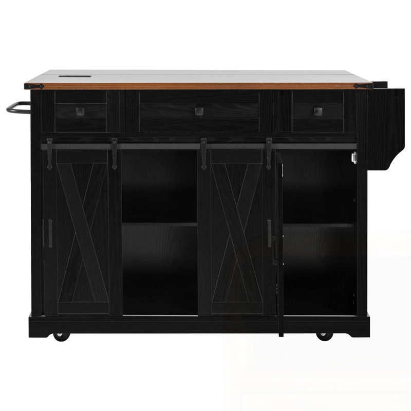 58" Farmhouse Kitchen Island with Storage, Black