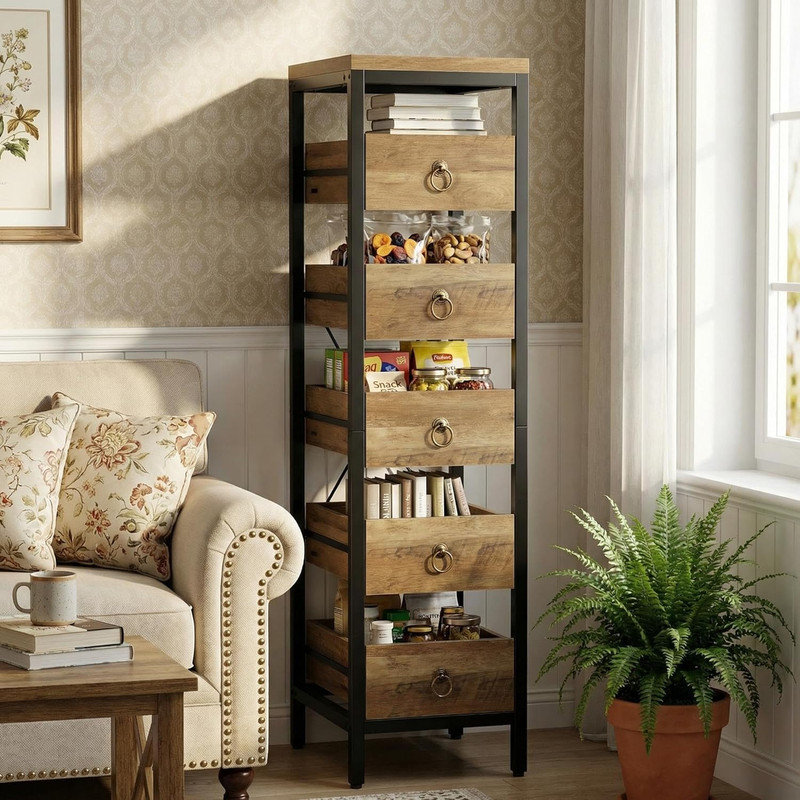 Étagère de rangement pour fruits à 5 niveaux avec 5 tiroirs coulissants, rangement utilitaire pour la cuisine, Naturel