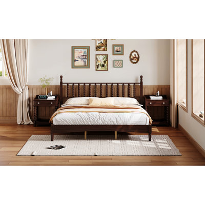 King Size Wood Platform Bed, Gourd Shaped Headboard, Walnut Tone, Retro Aesthetic, Built - In Slat Support Style Bed With Platform, Frame, For Mattress