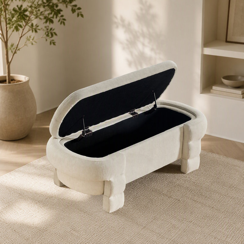 Pouf avec banc de rangement et revêtement en chenille, Beige, Beige, Beige