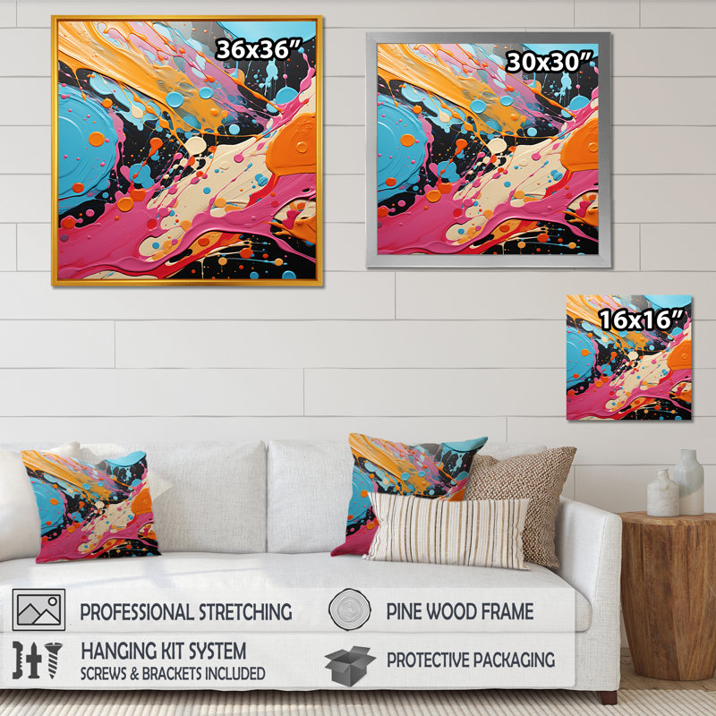 Bleu et rose abstrait Pop Fusion I - Art mural Pop, Cadre flottant noir, H 30 po x l 30 po