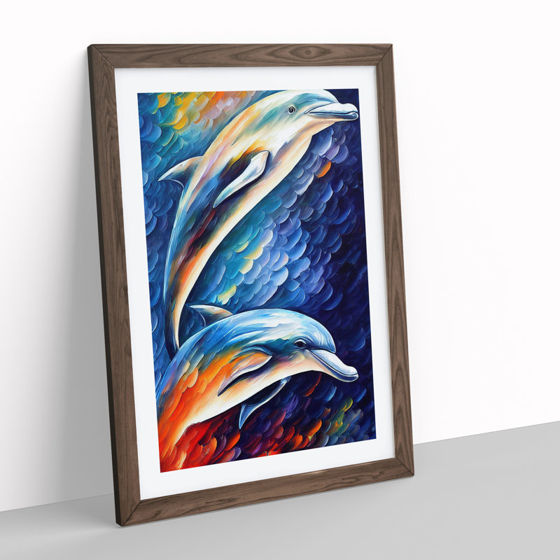 Two Dolphin No.2 - Wall Art, Paper Walnut Framed, 34cm H x 25cm W x 2cm D
