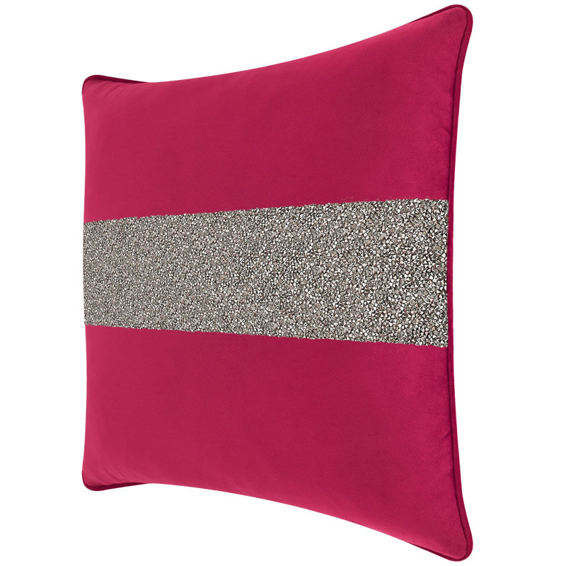 Coussin lumineux avec rayures strass - velours, Carré 20 po, Velours fuchsia / gris anthracite