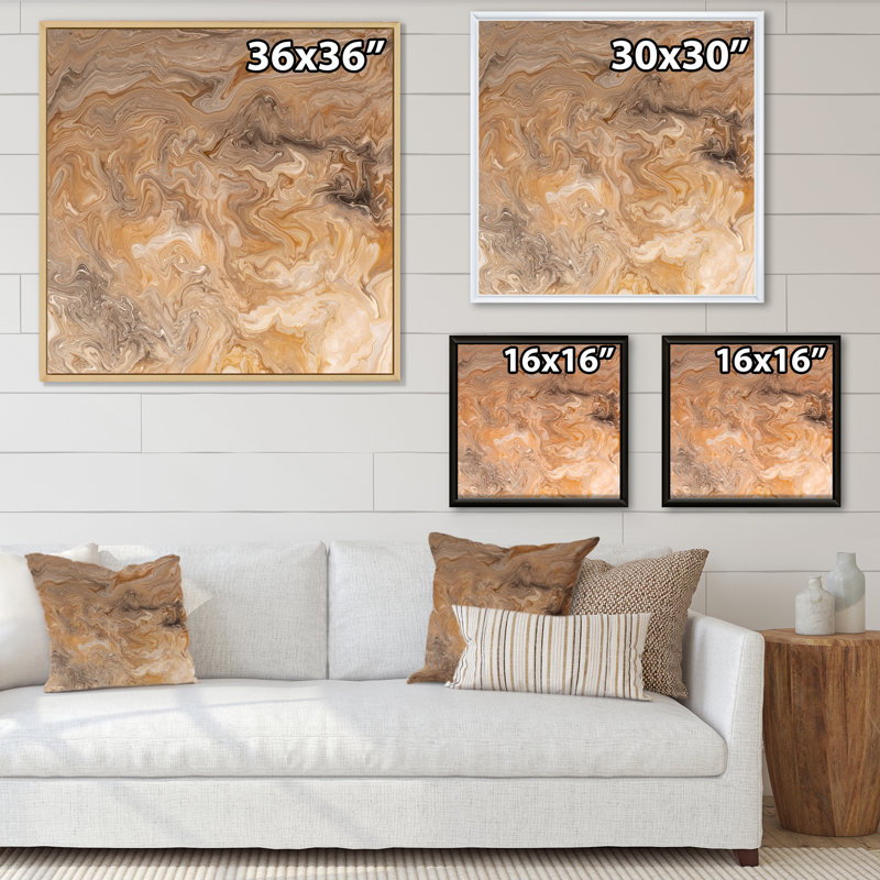 Marbre liquide brun et gris, impression sur toile, H 30 po x l 30 po x P 1 po, Cadre flottant doré