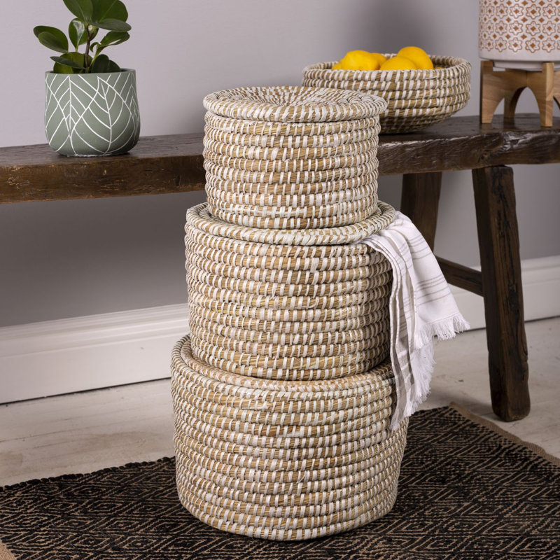 PANIER EN PAILLE AVEC COUVERCLE S/3
