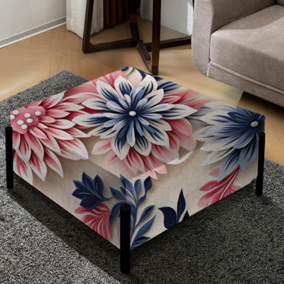 Grand repose-pieds carré floral bleu, rose et blanc
