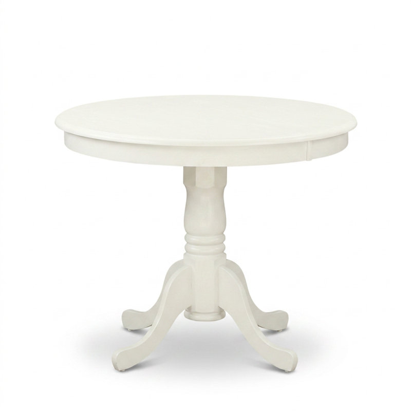 Ensemble de salle à manger 3 pièces en bois massif blanc lin, avec table ronde et 2 chaises à pied central en similicuir.