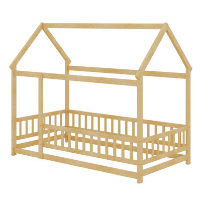 Wooden House Bed Featuring A Roof Frame And Safety Guardrail