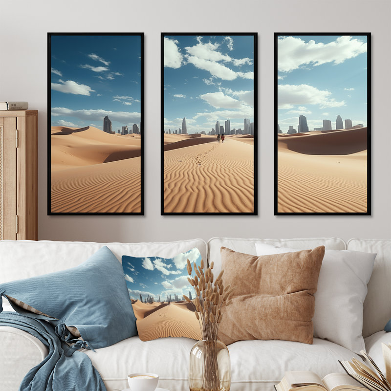 Mirage Metropolis, New York au Sahara I - art mural désert, Cadre flottant noir, H 28 po x l 36 po x P 1 po