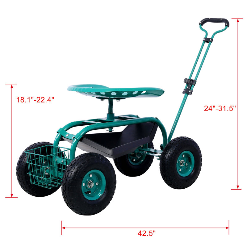 Siège de chariot de jardin avec roues et plateau à outils, siège pivotant à 360 ° Rolling Garden, Vert