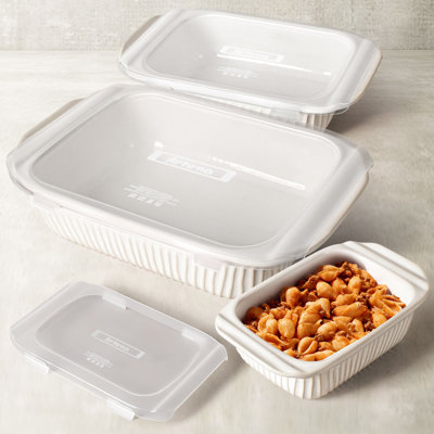 3-Piece Ceramic Casserole & Baking Dish Set, Wide Non-Slip Handles, BPA-Free Lids, Distinct Textured Glaze, Oven Safe Lasagna Pans, Wedding Registry & Holiday Gift(White)