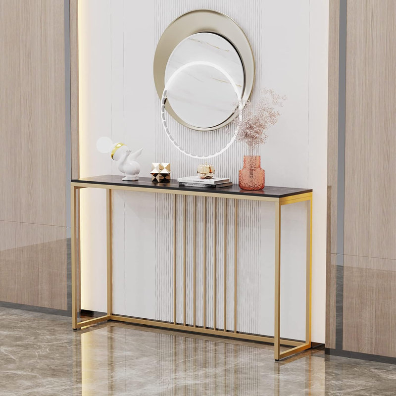 Sintered Stone Console Table With Golden Frame - Modern Narrow Entry Table For Hallway, 47X12x31 Inch