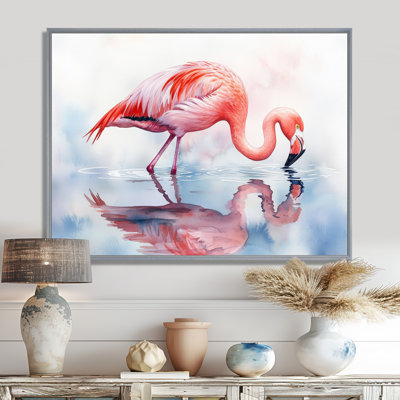 Flamant rose reflets au bord du lac II - flamant rose, art mural