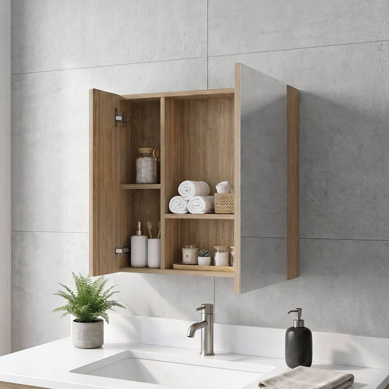 Kenya Wall Mounted Medicine Cabinet with Mirror and Interior Storage Shelves, Pine