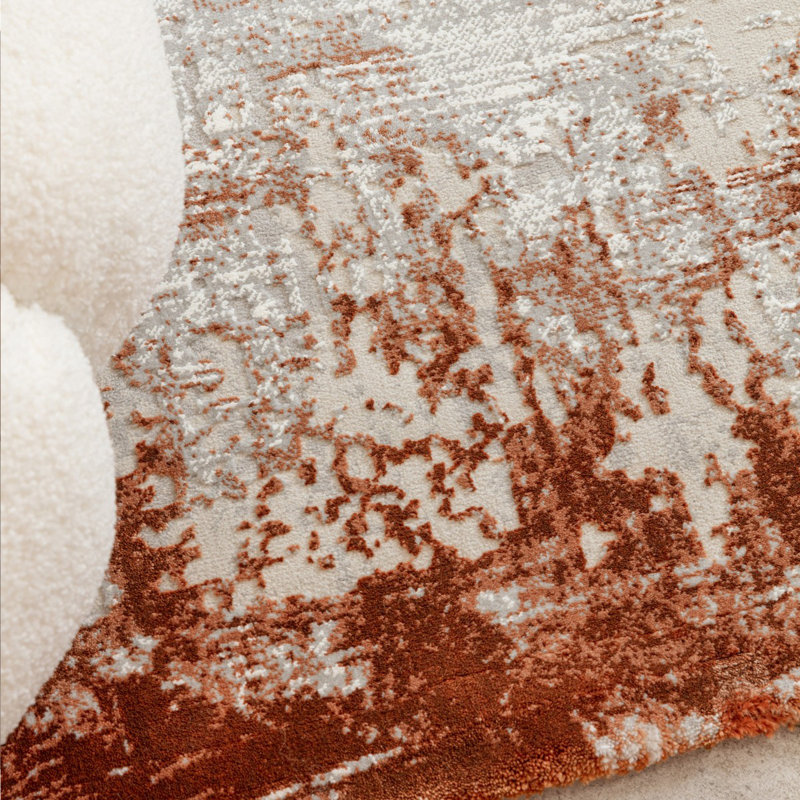 Terracotta Abstract Modern Easy To Clean Rug For Dining Room Bed Room And Living Room, Rectangle 200 x 290cm, Chenille/Cotton