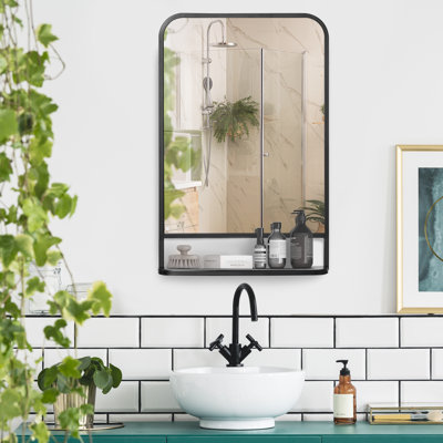 Kornelia Modern Rectangular Wall Mirror with Storage Shelf 70 x 50 cm Black