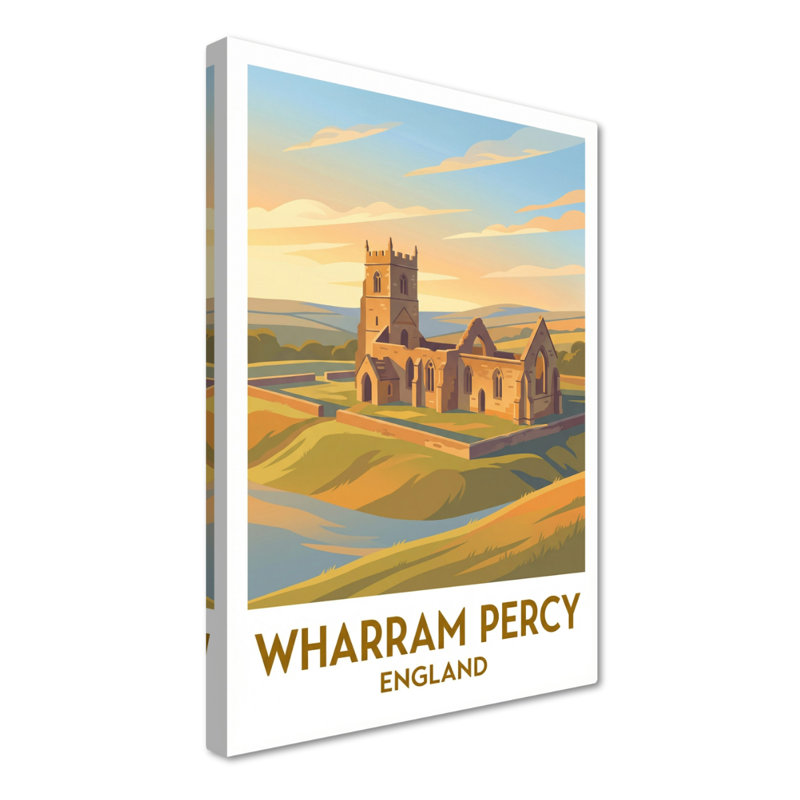 Wharram Percy, England - Romantic Travel Poster of Medieval Ruins and Yorkshire Wolds. Giclee Print on Wrapped Canvas. Wall Art, Home Decor - Historic Sites & Ruins, England 1 Piece Wrapped Canvas Wall Art