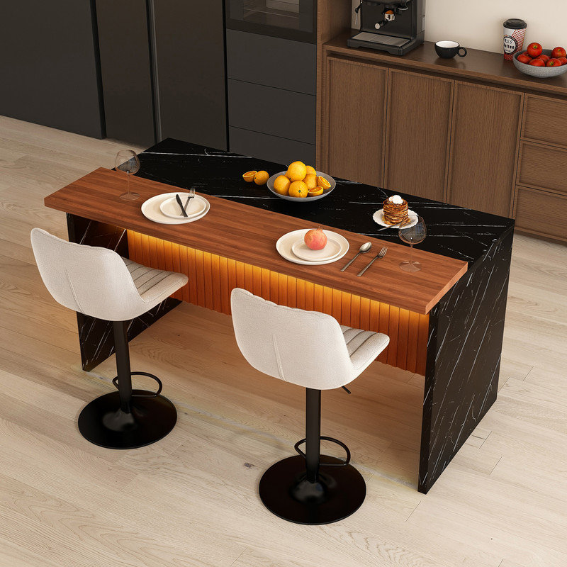 Ensemble d'îlot de cuisine 63 po avec 2 tabourets de bar gris - surface d'aspect marbre noir, éclairage DEL et conception de barbecue pour la salle à manger, espaces à aire ouverte, salon (2 tabourets de bar gris)