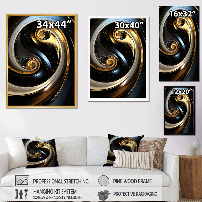 Abstrait abstrait liquide or noir à double spirale - reproduction sur toile, H 20 po x l 12 po x P 1 po, Cadre flottant doré