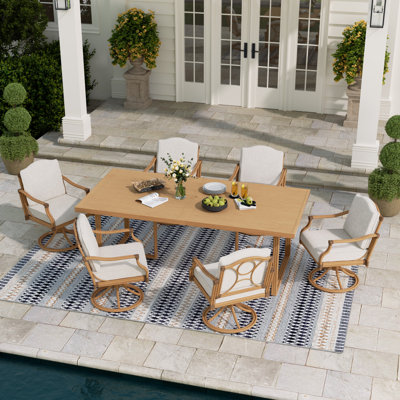Arcadia Patio Aluminum 6 Person Swivel Rectangular Dining Set With Umbrella Hole And Cushions