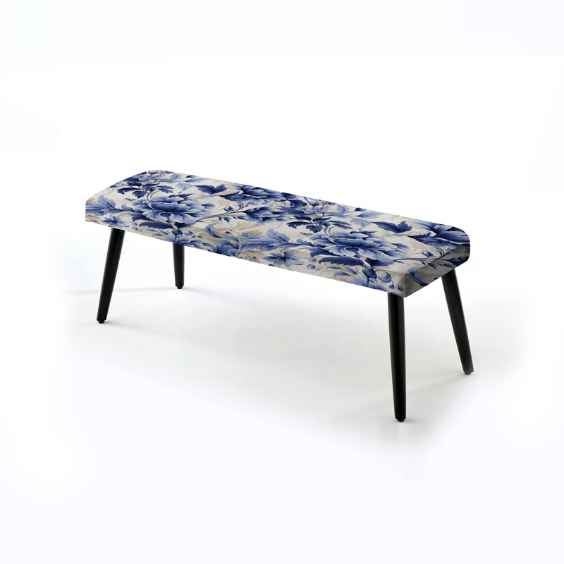 Cobalt Blue Acanthus Scrolls Victorian Pattern - Floral Upholstered Black Bench