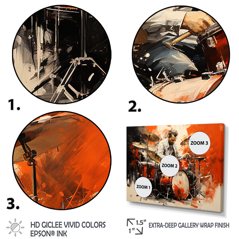 Deep Red Drum Beat, peinture I - musique, art mural, Cadre d'angle fermé noir, H 30 po x l 40 po x P 1,5 po