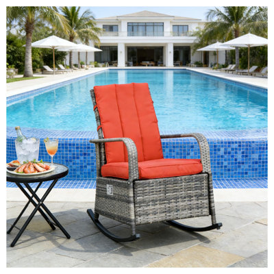 Fauteuil inclinable d'extérieur en rotin avec dossier réglable, coussin brun et rouge