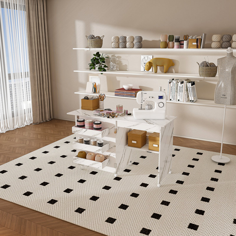 4-In-1 Folding Sewing Table With Lockable Wheels – Multi-Functional Craft Station, End Table, Computer Desk & Kitchen Storage With Shelves, White Rolling Sewing Machine Table For Apartments