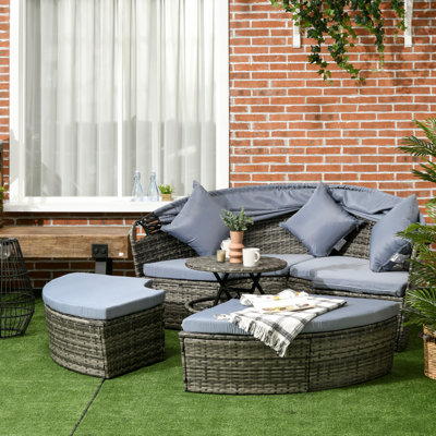 Jazmyne Outsunny 4 Piece Round Rattan Daybed, Convertible Patio Furniture Set, Adjustable Sun Canopy, Sectional Outdoor Sofa, 2 Chairs, Extending Tea by Laurel Foundry Modern Farmhouse