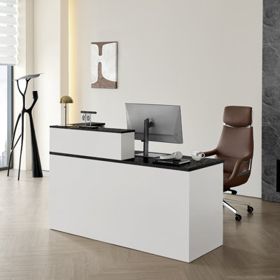 Modern Reception Desk With Elevated Right Corner Storage And Lockable Drawers – Stylish And Practical Office Desk With Cable Management