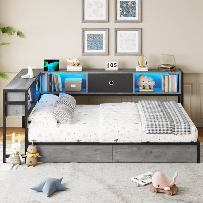 Lexiann Corner Bed with LED lights and charging station, modern bed with bookcase and 2 under bed storage drawers, no boxes/noise required modern sofa by Wrought Studio
