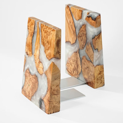 Serre-livres en résine, grands serre-livres robustes pour tablettes, serre-livres uniques en bois de loupe pour bureau d'étude, supports de livres décoratifs modernes et élégants pour l'organisation de la bibliothèque (blanc nacré)