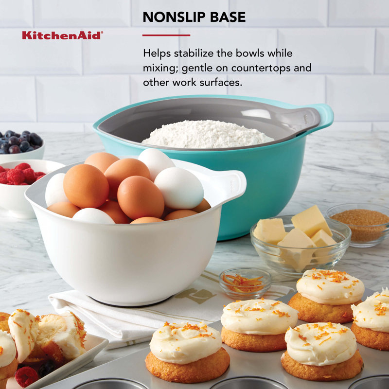 KitchenAid® Universal Nesting Plastic Mixing Bowls, Set of 3, Non-Slip Base, Easy Pour Spout, Blue/White/Gray