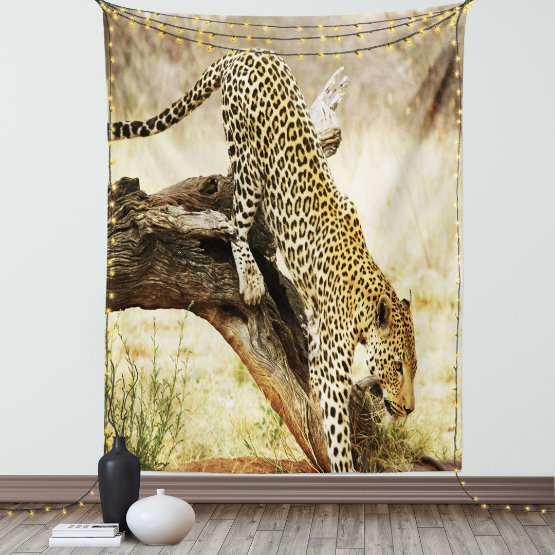 Tapisserie Leopard auf Baumstamm Wüstenpflanzen Exotischer Jäger Raubtier Großkatze