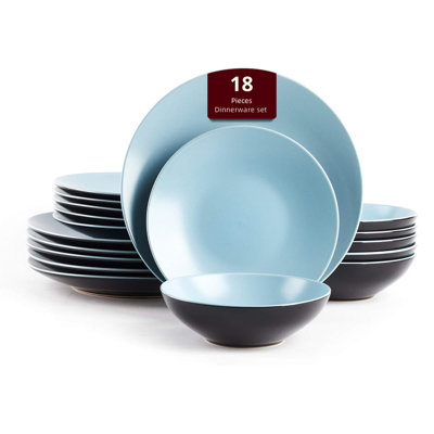 HomeVSS Two-Tone Colors Life 18-Piece Stoneware Dinnerware Set, Matte Glaze, Service for 6