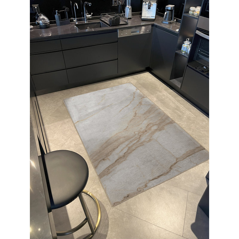 Tapis décoratif moderne beige à motif de marbre abstrait, Rectangle 4 pi 11,06 po x 7 pi 6,55 po
