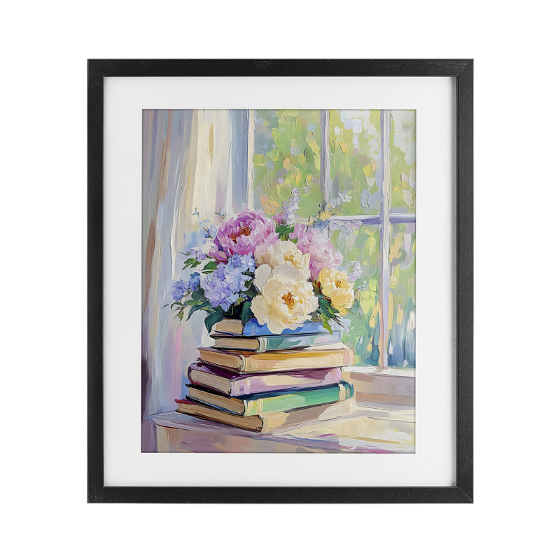 «Pastel Floral Book Stack», reproduction encadrée sous verre, design par Arlington Prints, Cadre noir minuit