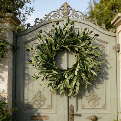 Couronne en olivier 16 pouces, décoration de plante verte, convient aux portes avant, aux murs intérieurs ou aux cheminées, anneau de porte artificiel de style nordique, Evergreen toute l'année
