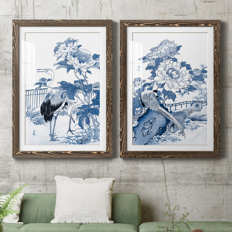 «Blue and White Asian Garden I», ensemble de 2 cadres photo, Papier, cadre noyer, H 31,5 po x l 43,5 po x P 1 po, Blanc