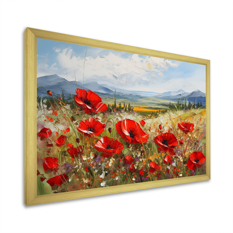 «Red Poppies Field In Mountain I», reproduction sur toile, Cadre doré simple, H 24 po x l 32 po x P 1 po