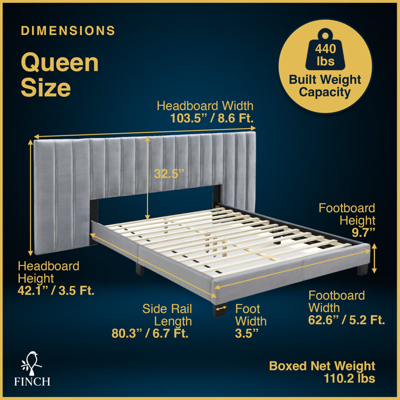 Finch James Gramercy Modern Upholstered Platform Bed with Channel Tufted Extended Headboard, Queen