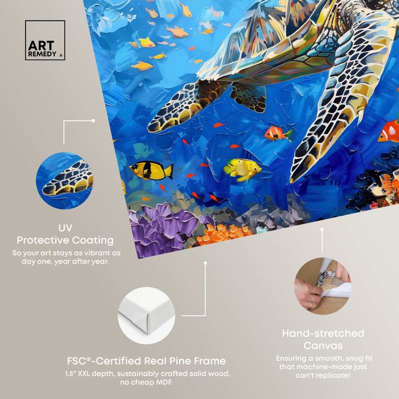Colorful Coastal Turtle Swimming Canvas Wall Art, 24" x 16"