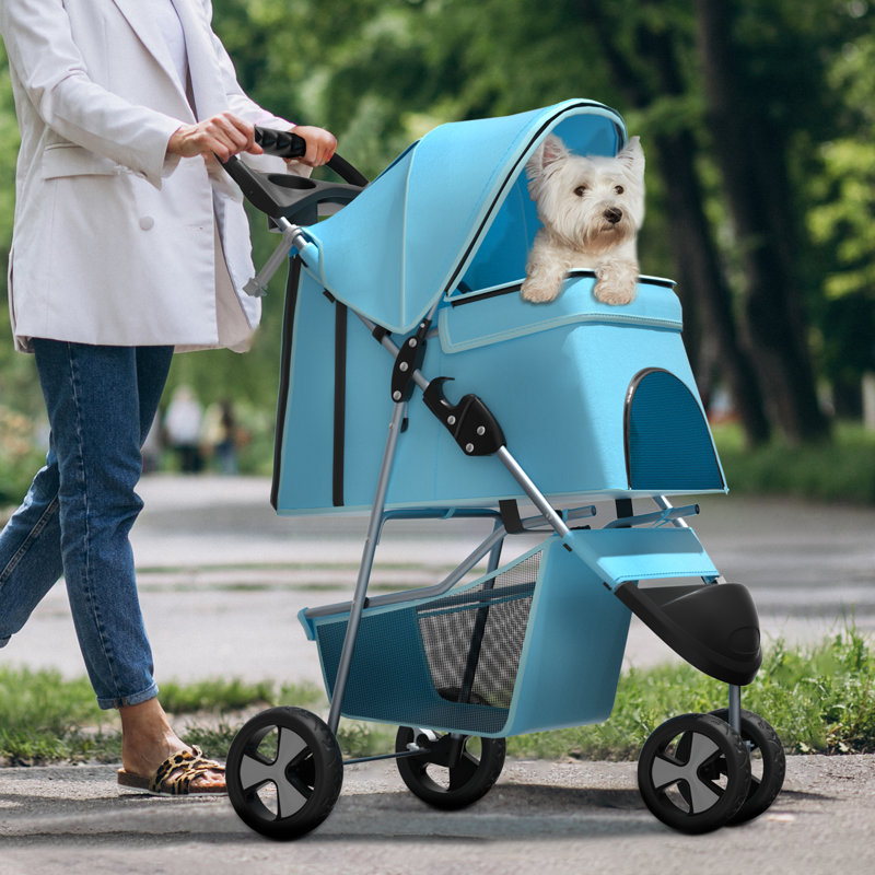 Foldable Pet Stroller, 3 Wheels Folding Carrier Jogger Stroller for Dogs Cats with Canopy and Basket, Blue/Solid