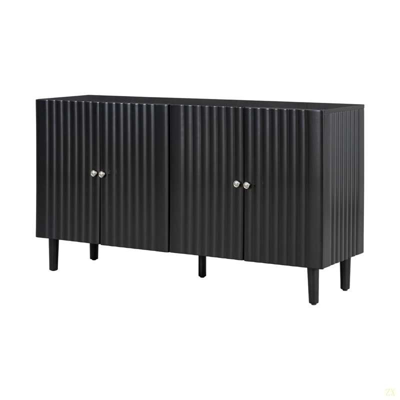 Elegant Four-Door Sideboard With Wavy Pattern Doors,Cylindrical Legs,And Sleek Metal Handles,Adjustable,Suitable For Study,Entryway And Living Room