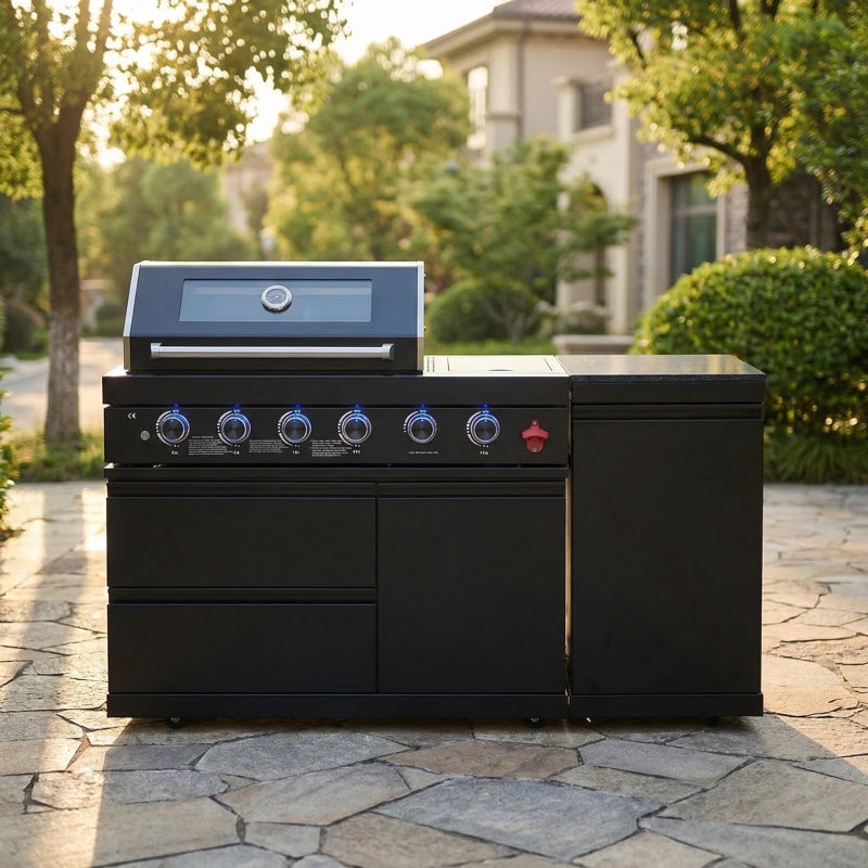 Îlot de cuisine extérieur de luxe Reef 65,4 "avec 4 brûleurs au propane 72 000 BTU, brûleur latéral rond, armoires et tiroirs