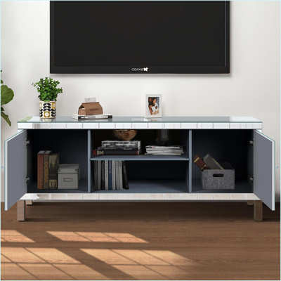 Meuble télé, média moderne de 47 pouces avec portes en verre et amp; Rangement ouvert, pour téléviseurs de 50 po | Argent antique | Panneau de fibres à densité moyenne + verre